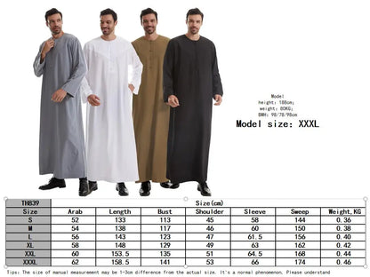 TH839 Men's Muslim Middle Eastern Men Long Sleeves Pure Color Buckle Robe Ramadan Eid Jubba Thobe