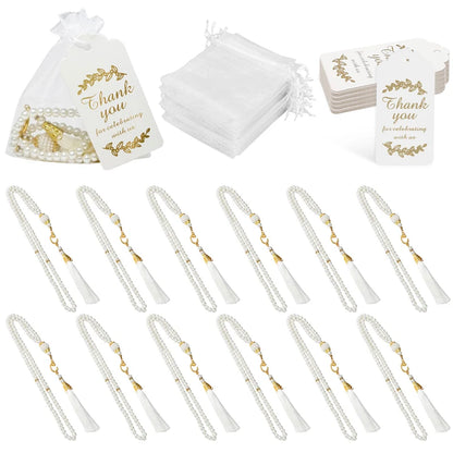 15/30Pcs Ramadan Glass Pearl Muslim Bracelet Prayer Beads Tassel Thank You Card Organza Bags Eid Mubarak Favor Gift for Home
