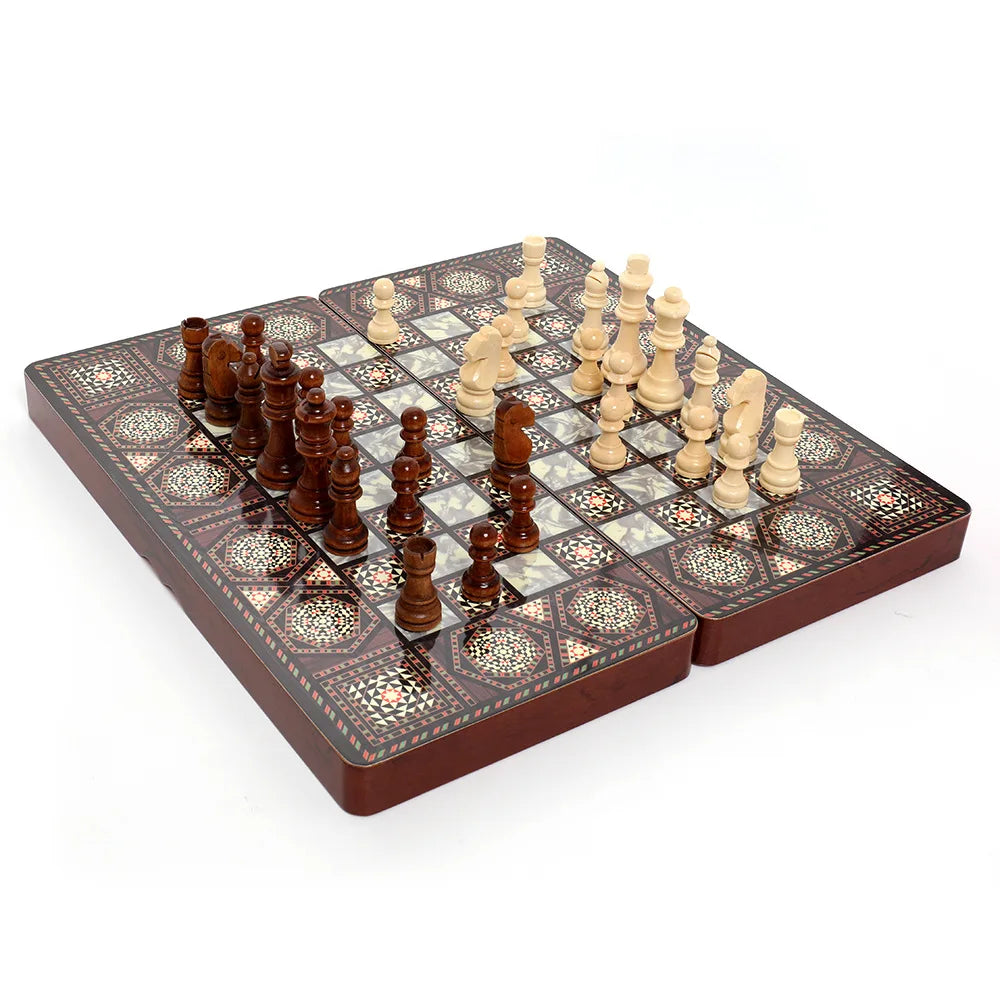 40cm Large 3-in-1 Wooden Chess & Checkers & Backgammon Set, Foldable Board for Family Travel