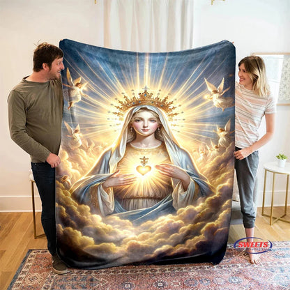6 Size Merciful Virgin Mary Flannel Art Blanket, Home Sofa Office Nap Blanket for Four Seasons, Machine Washable Flannel Blanket