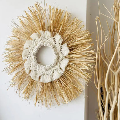 Raffia Woven Wall Hanging, Japanese Moroccan Style Grass Decor for Hotel B&B, Wooden Frame Wall Art