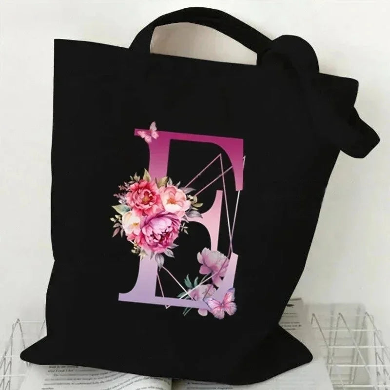 Noir Florale – Black Purple Alphabet Canvas Shoulder Tote