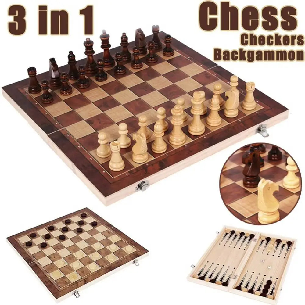 3-in-1 Chess&Backgammon&Checkers Set Wooden Chessboard Board Games Set Portable Educational International Chess Game