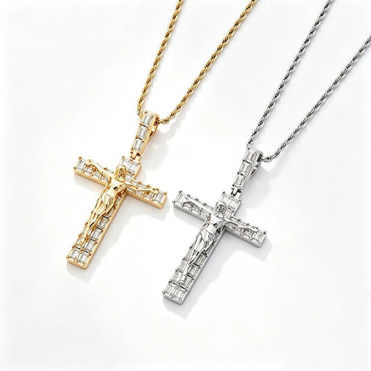 ESKEEM 5A Rectangle CZ Zircon Bling Iced Jesus Cross Pendant Necklace Men Women Religious Fashion Hip Hop Jewelry Party