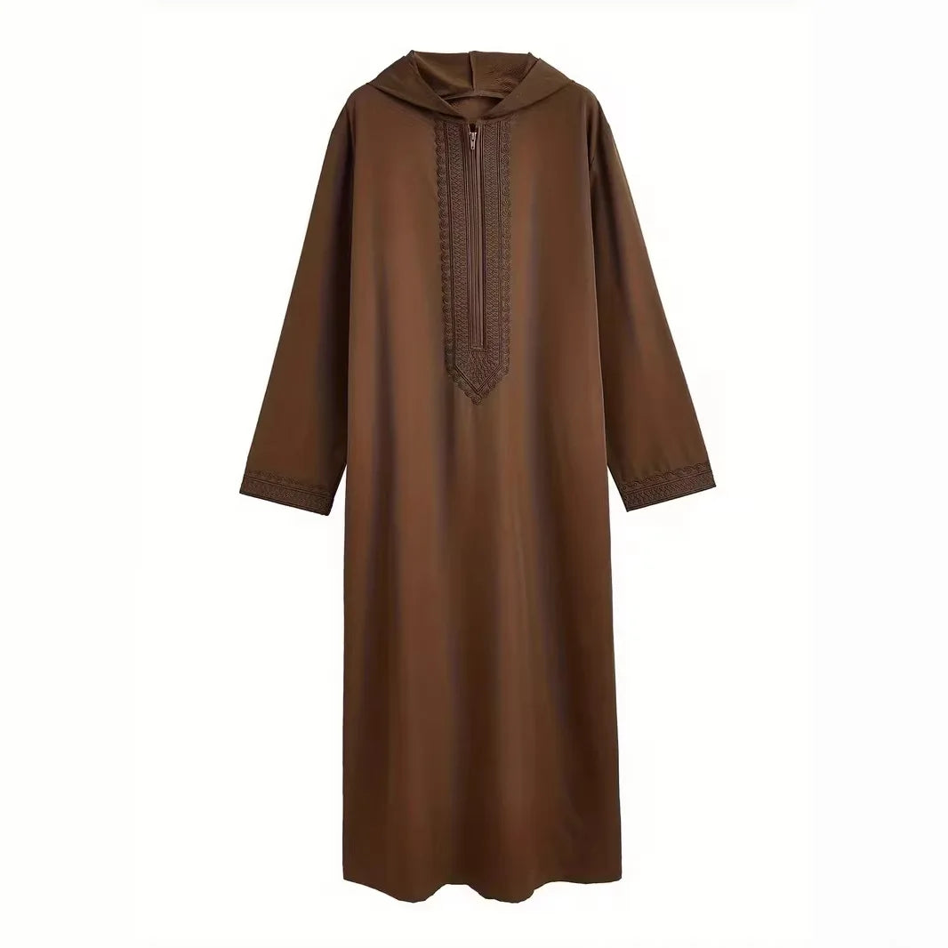 Long Robe Men Jubba Thobe Gown Embroidery Abayas Hooded Middle East Muslim Solid Modest Morocco Dubai Spliced Spring Casuak