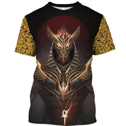 Golden Pharaoh & Anubis T-Shirt – Men's Egyptian Print O-Neck Short Sleeve Tee