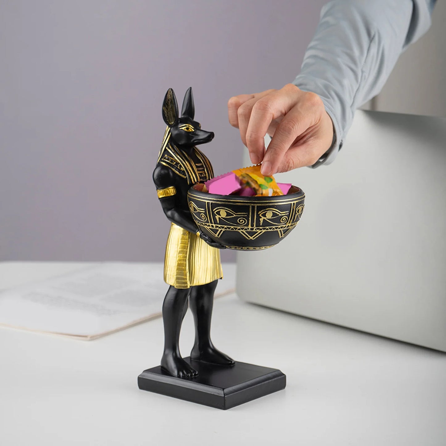 25cm Anubis God Statue Ancient Egypt Art Sculpture with Bowl for Keys/Jewelry Gift for Mythology Lovers & History Buffs