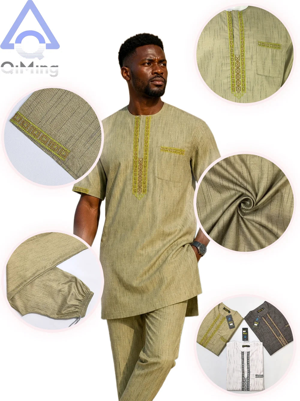 QiMing Men's Cotton Muslim Wedding Clothing Two-Piece White Boubou with Embroidery And Stripe Caftan Moroccan Modest Prayerwear