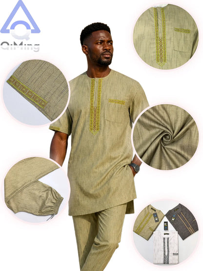 QiMing Men's Cotton Muslim Wedding Clothing Two-Piece White Boubou with Embroidery And Stripe Caftan Moroccan Modest Prayerwear