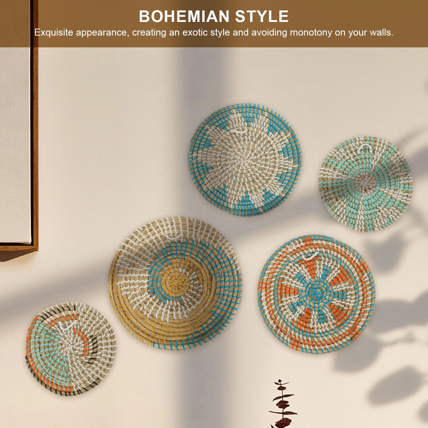 5/7Pcs Hanging Wall Basket Decor Boho Home Decorations Rattan Wall Decor Woven Rattan Seagrass Wall Decor Art Wall Hanging