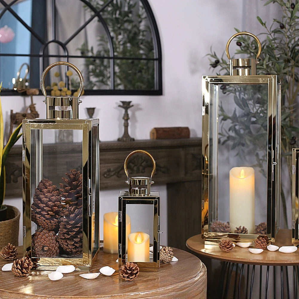 Stainless Steel Lantern Candlestick Eid Mubarak LED Wind Lamp Decor for Ramadan Kareem Aid Eid al-Fitr Home Wind Lantern Decor