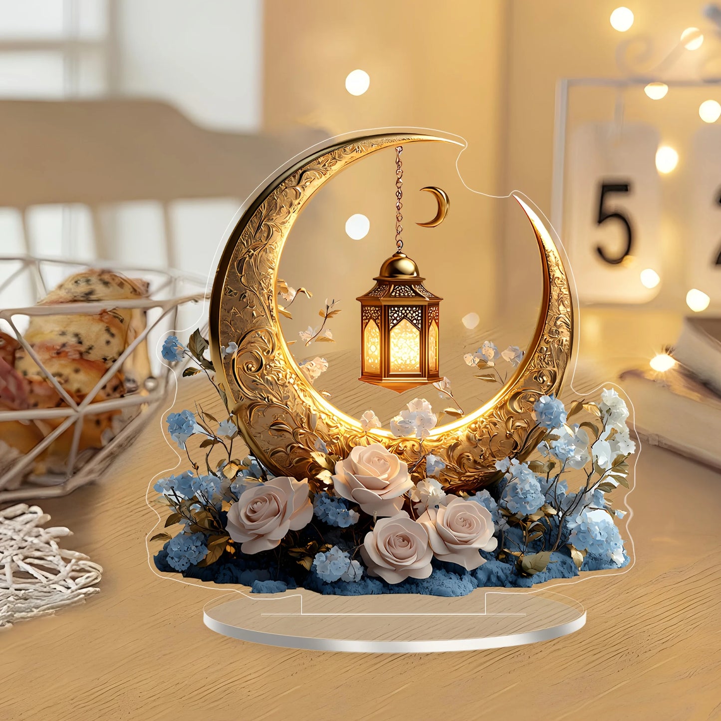 1PC 2D Elegant Eid Crescent Lantern and Flower Acrylic Decorative Sign with Base Home Office and Bedroom Desktop Decorations