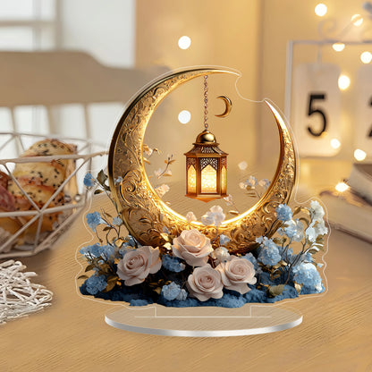 1PC 2D Elegant Eid Crescent Lantern and Flower Acrylic Decorative Sign with Base Home Office and Bedroom Desktop Decorations
