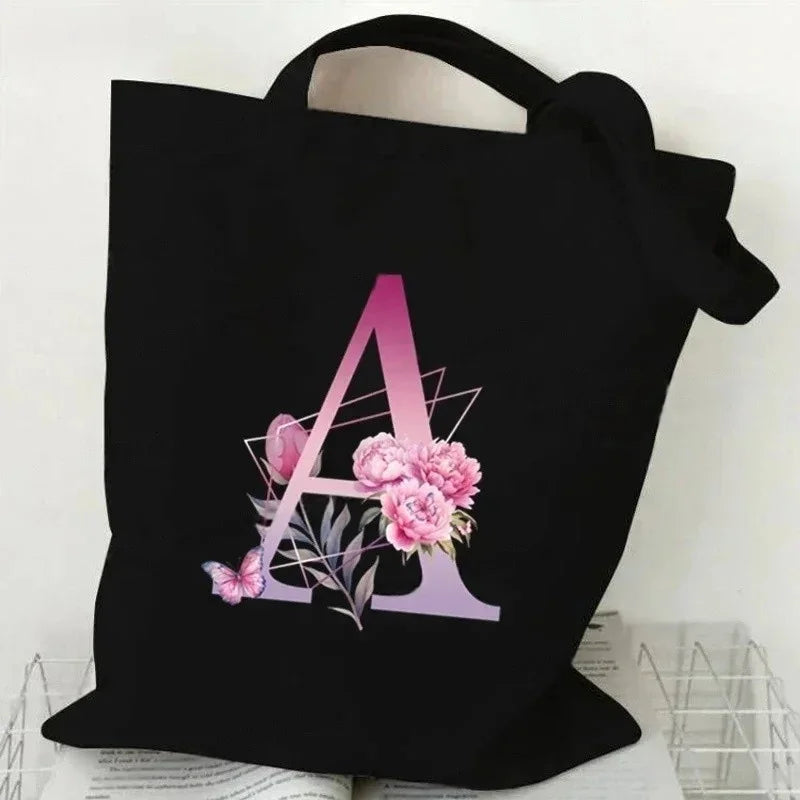 Noir Florale – Black Purple Alphabet Canvas Shoulder Tote