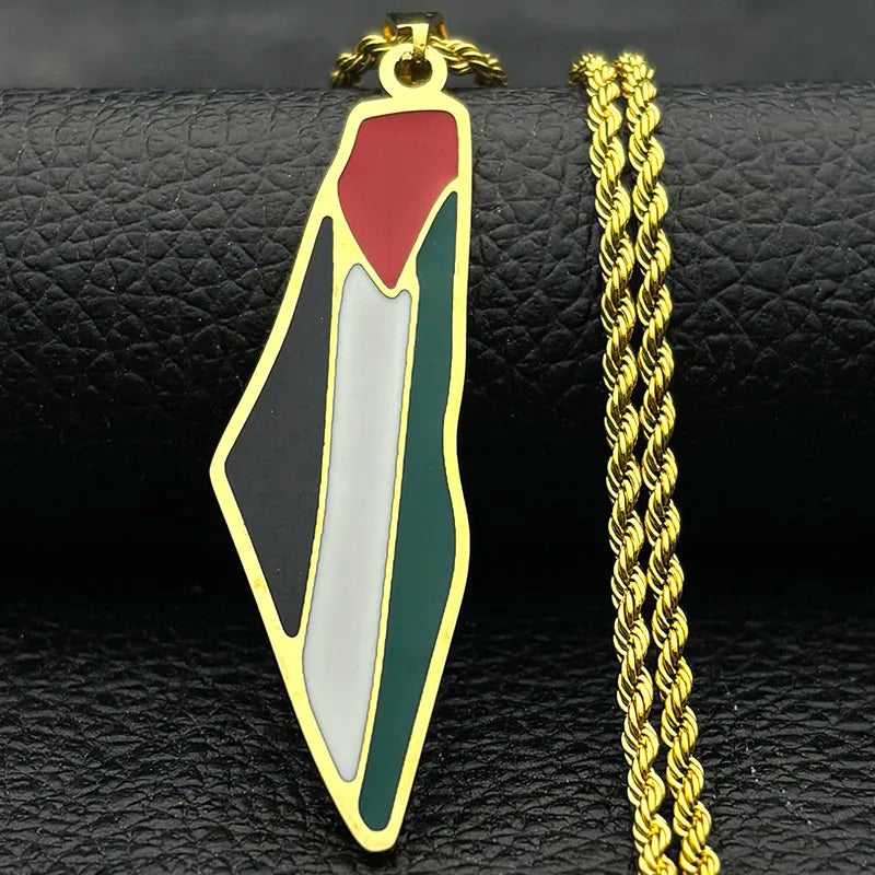 Arabic Islamic Palestine Map Flag Pendant Necklace for Women Men Stainless Steel Gold Color Palestinians Country Chain Jewelry