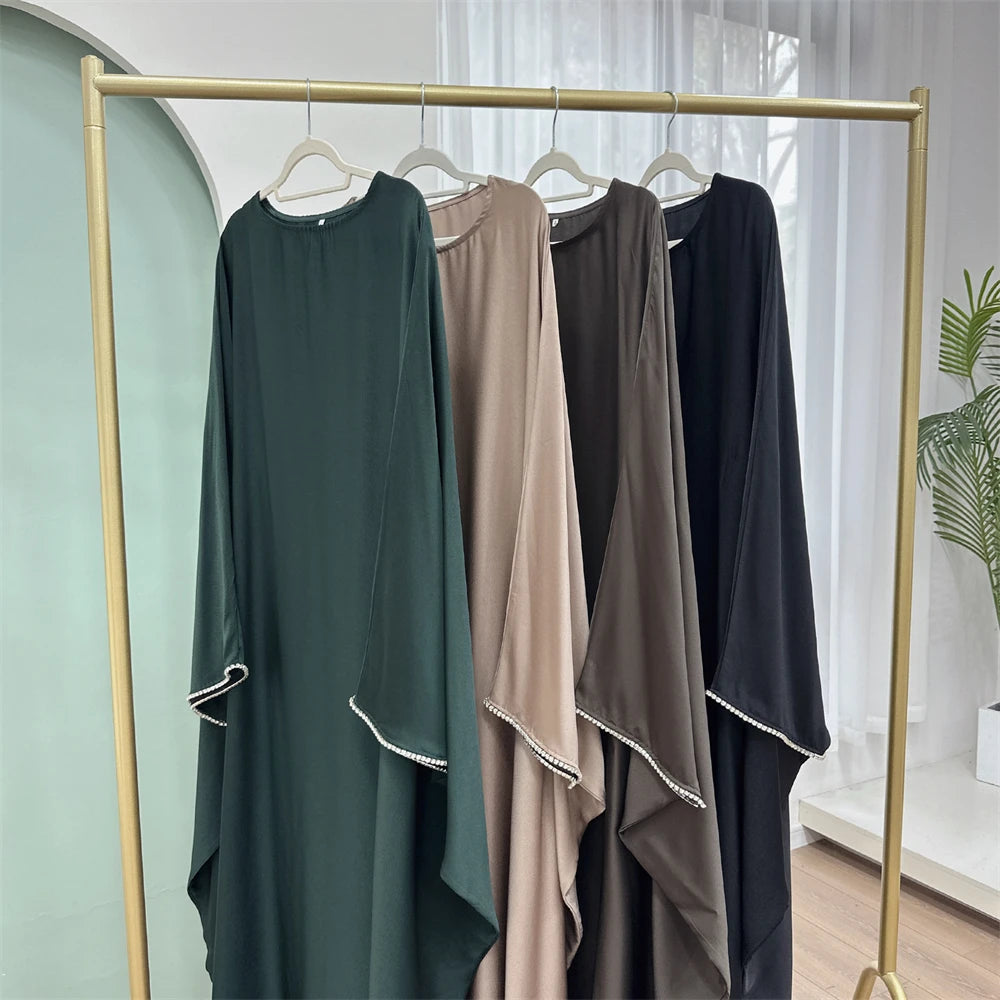 Eid Muslim Kaftan Satin Batwing Abaya Dubai Luxury Arabic African Dresses Abayas For Women Caftan Marocain Robe Femme Musulmane