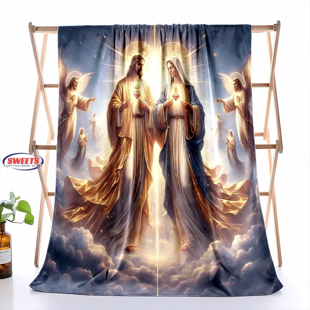 6 Size Merciful Virgin Mary Flannel Art Blanket, Home Sofa Office Nap Blanket for Four Seasons, Machine Washable Flannel Blanket