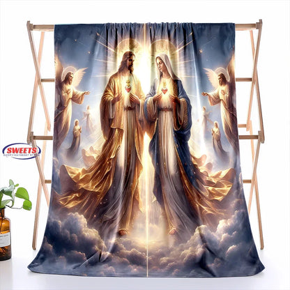 6 Size Merciful Virgin Mary Flannel Art Blanket, Home Sofa Office Nap Blanket for Four Seasons, Machine Washable Flannel Blanket