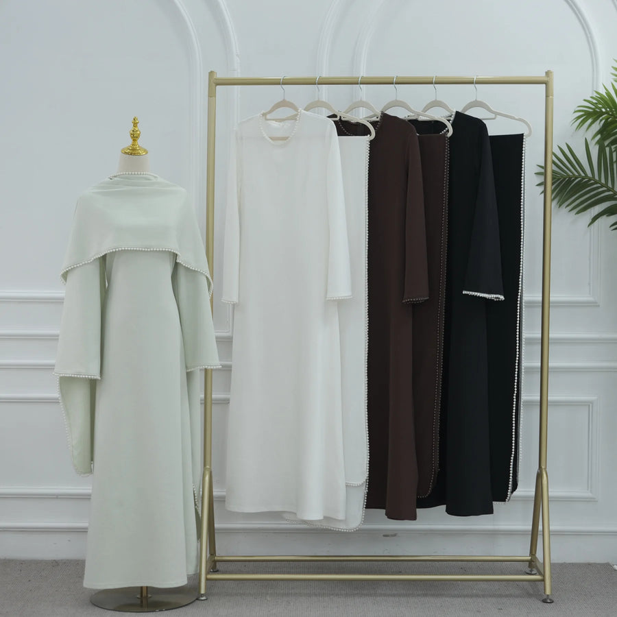 Pearls of Purity – White Cape Sleeve Maxi Dress for the Muslim Woman in America