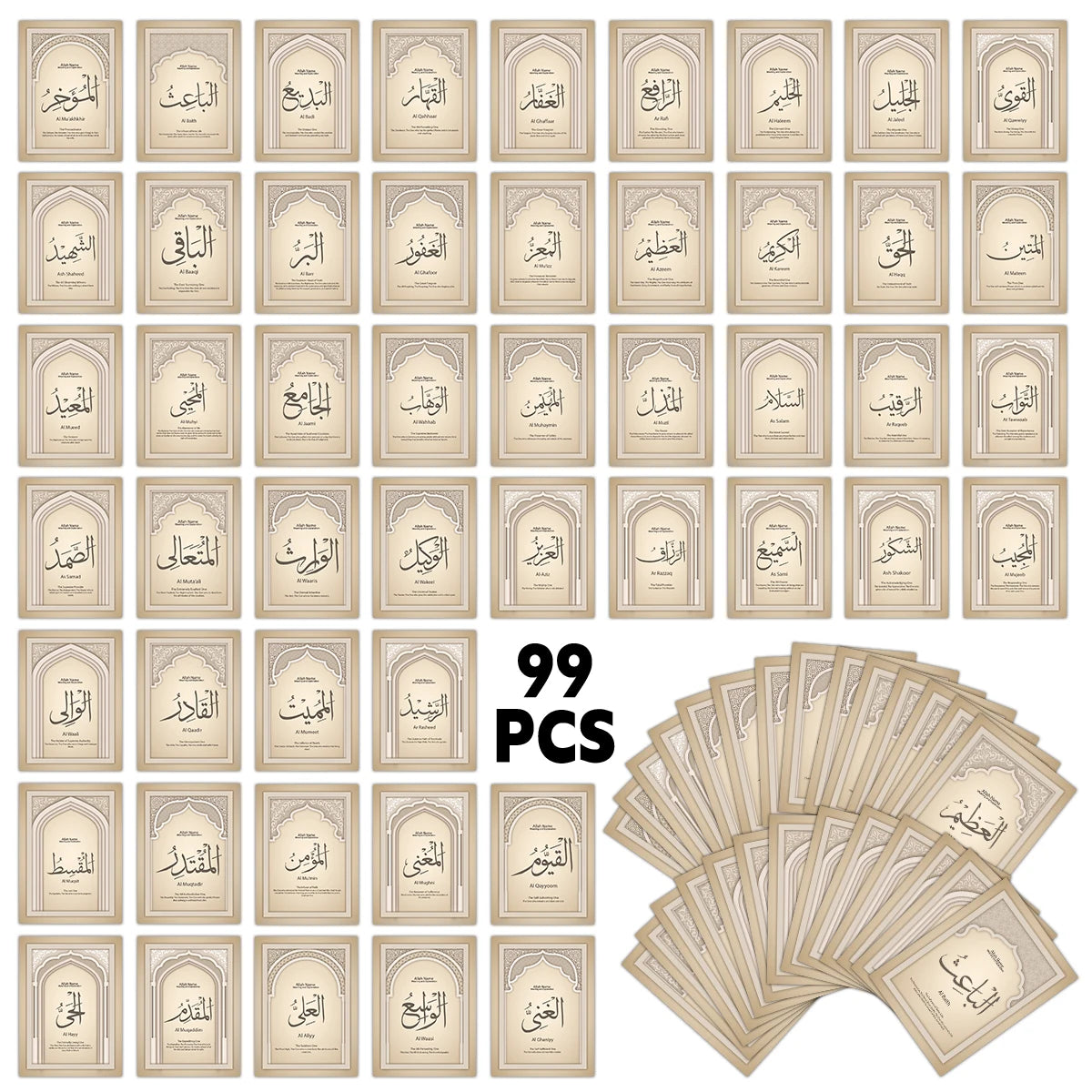 99pcs Names Of Allah With Meaning Cards For Sunday School English Arabic Text, For Ramadan, Eid,family Education Religious Study
