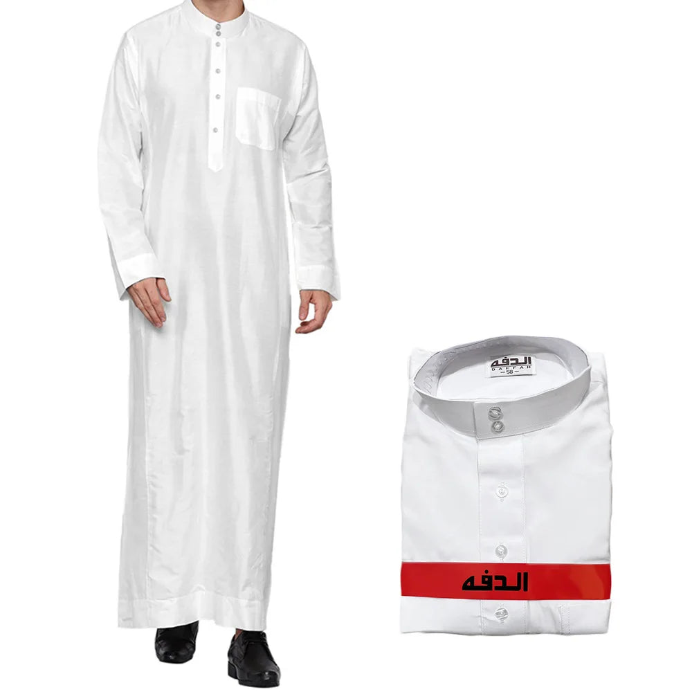 Polyester men's long robe, Qatar style stand collar robe, pocket design, Arabian and Middle Eastern men's clothing, available in