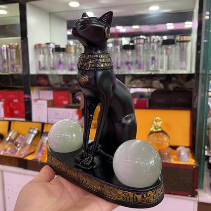Anubis Cat Crystal Ball Stand – Egyptian Resin Statue for Sphere Display & Home Decor