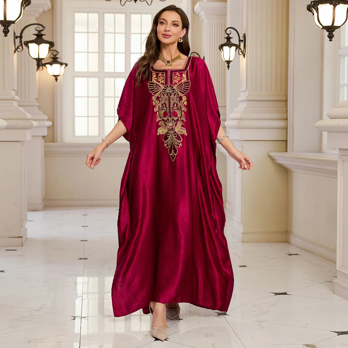 Beach Kaftans for Women Shining Material Embroidered Elegant Maxi Dresses Cover Ups for Swimwear Holiday Beachwear Bathing Suits