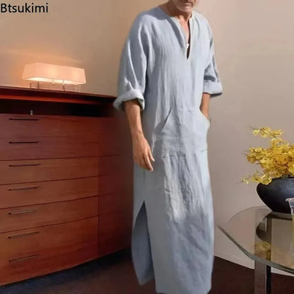 2026 New Muslim Robe Solid Color Retro Arab Islamic Clothing Men Dress Casual Cotton Linen Long Kaftan Middle East Caftan Abayas