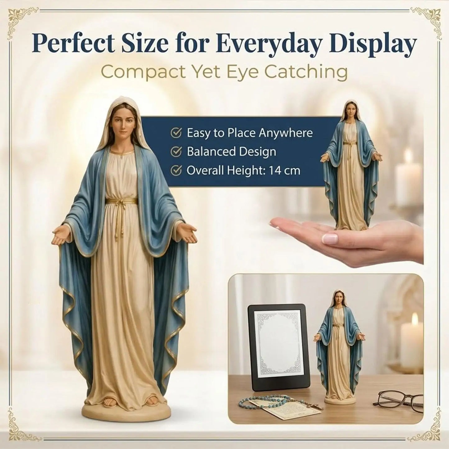 Mary Statue 12cm Open Arms Religious Figurine Resin Mary Desk Ornament for Home Living Room Bedroom Bathroom Desktop Bookshelf