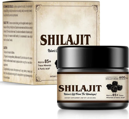 Organic Shilajit Pure Himalayan Organic Shilajit Resin with 85+ Trace Minerals & Fulvic Acid for Energy, Immune Support - 600mg