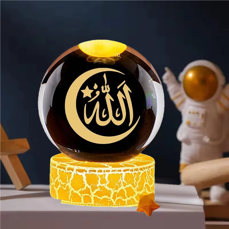 Ramadan Glowing Mosque Crystal Ball Ornament Islamic 3D Home Interior Party Desk Rotating Decoration Figurines Atmosphere Gifts