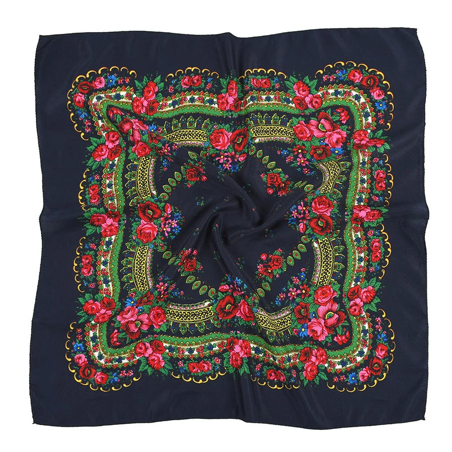 Babushka Bloom – 70cm Retro Floral Square Headscarf for Women