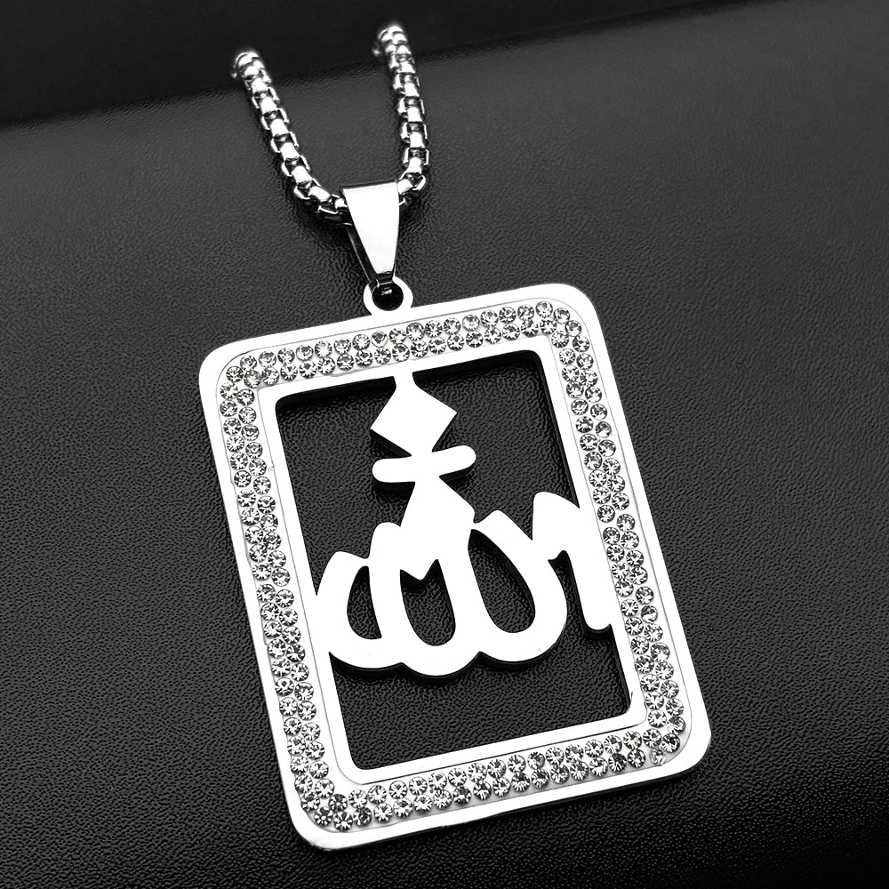 Islamic Arab Allah God Name Pendant Necklace for Men Women Stainless Steel Gold Color Rhinestones Muslim Chain Amulet Jewelry
