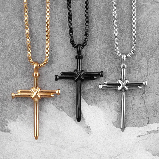 Hip Hop Style Men Stainless Steel Nail Cross Necklace Vintage Jesus Christ Couple Charm Pendant Necklace Christian Jewelry Gift