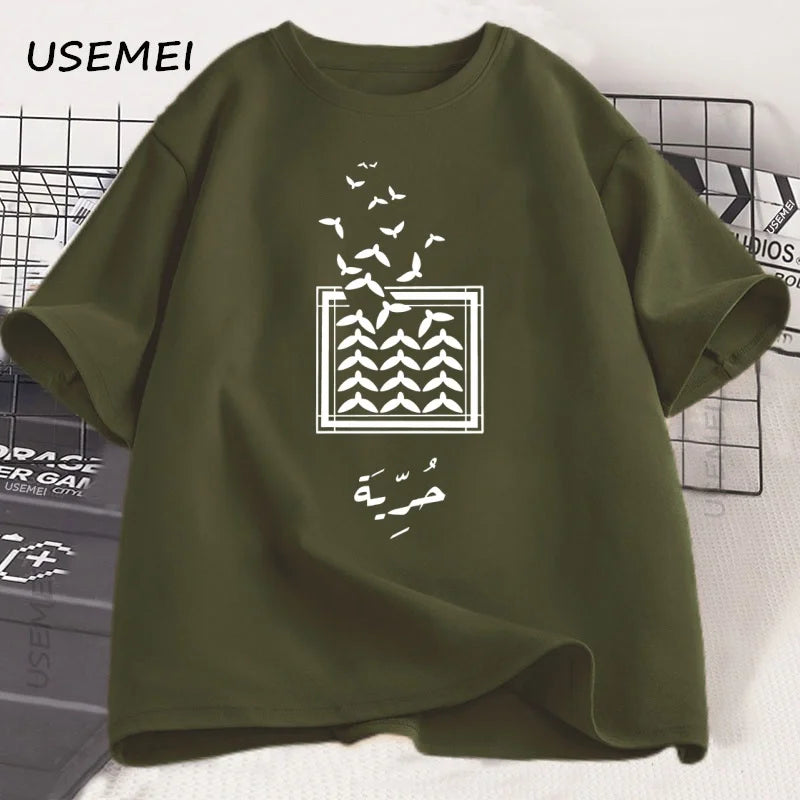 Freedom Dove of Peace T-shirt Arabic Birds T Shirt Men Women Cotton Round Neck Short Sleeve Tshirt Loose High Quality Clothes