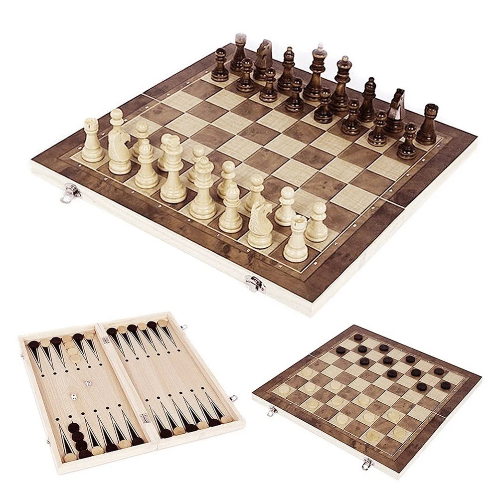 RTENTE-Wooden Foldable 3 In 1 Chess Backgammon Wooden Board Folding Board Game