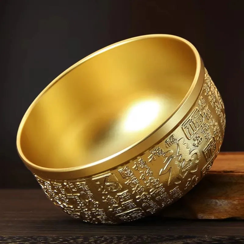 Engrave Bronze Copper Drinking Bowl Auspicious Tibetan Holy Water Milk Tea Cup Golden Buddhist 10 cm Bowl Home's Gift Decorative