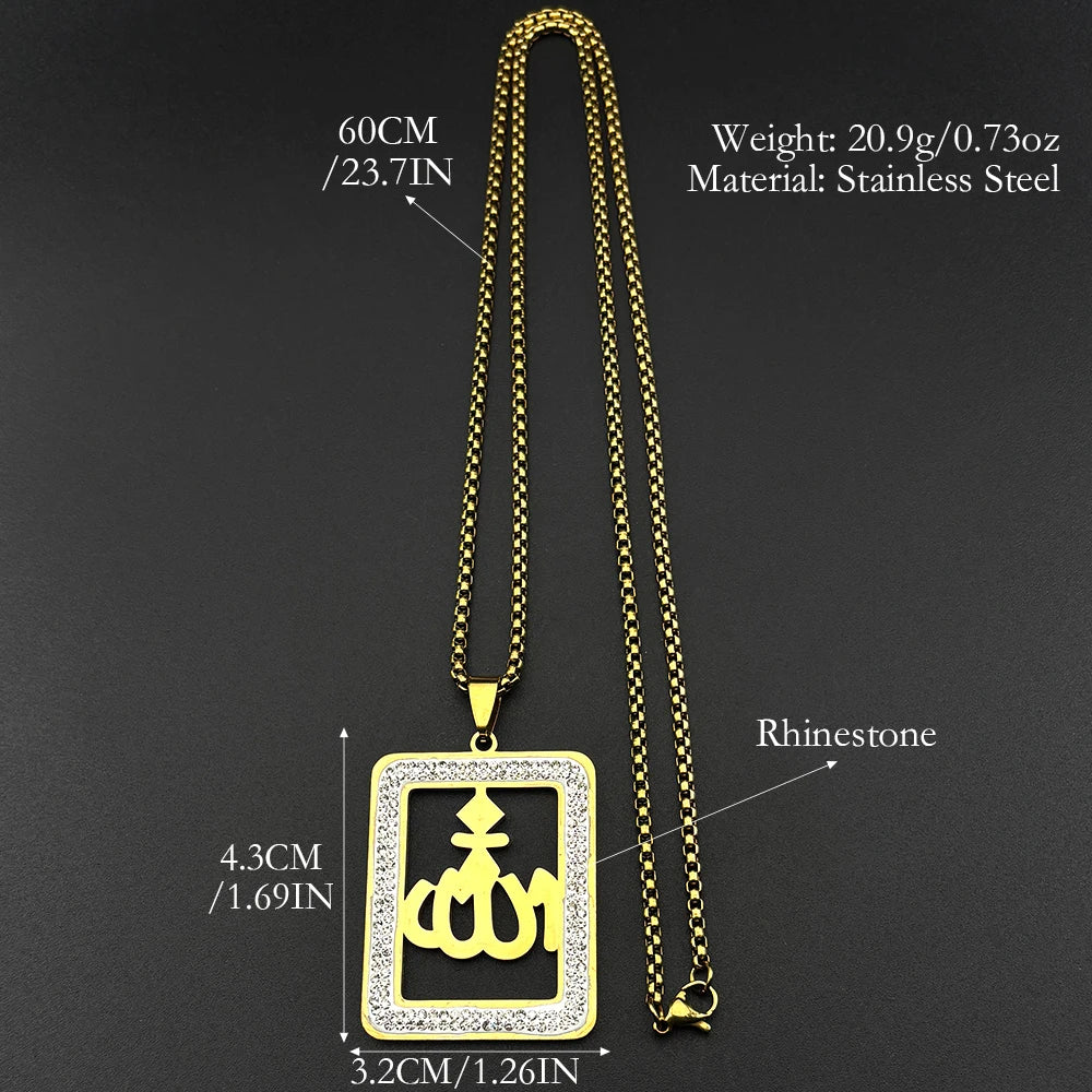 Islamic Arab Allah God Name Pendant Necklace for Men Women Stainless Steel Gold Color Rhinestones Muslim Chain Amulet Jewelry