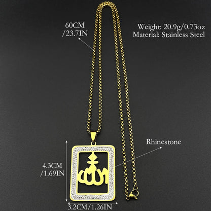 Islamic Arab Allah God Name Pendant Necklace for Men Women Stainless Steel Gold Color Rhinestones Muslim Chain Amulet Jewelry