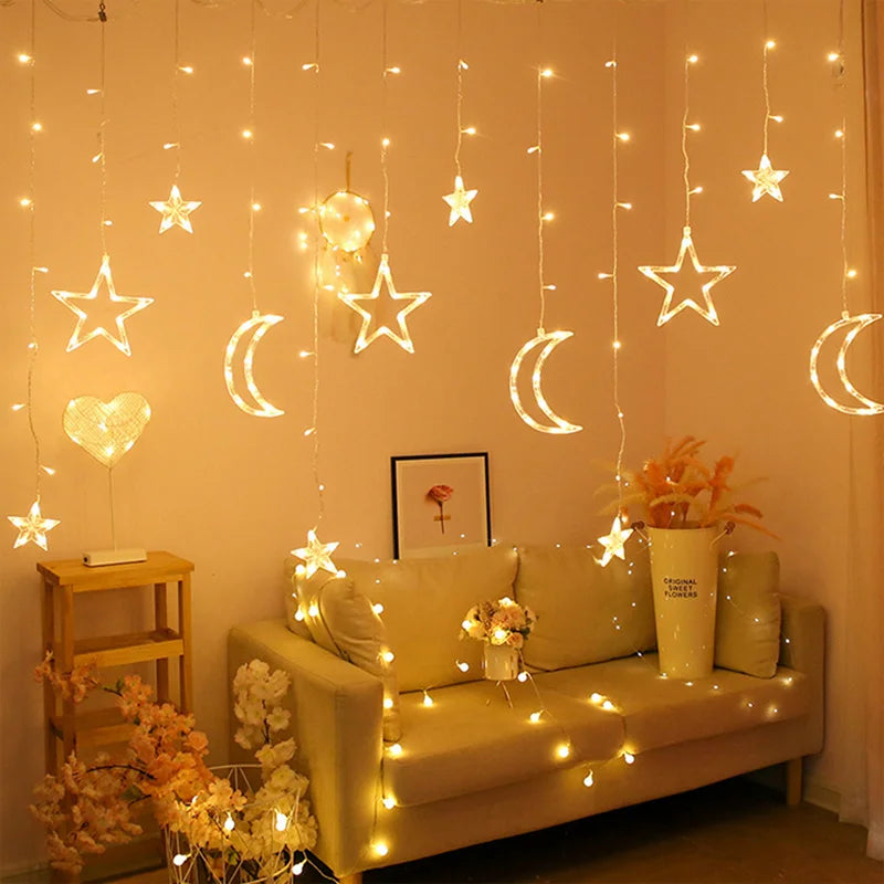 Moon Star Led Curtain Garland String Light EID Mubarak Ramadan Decorations 2025 Home Decor Islam Muslim Event Party Supplies