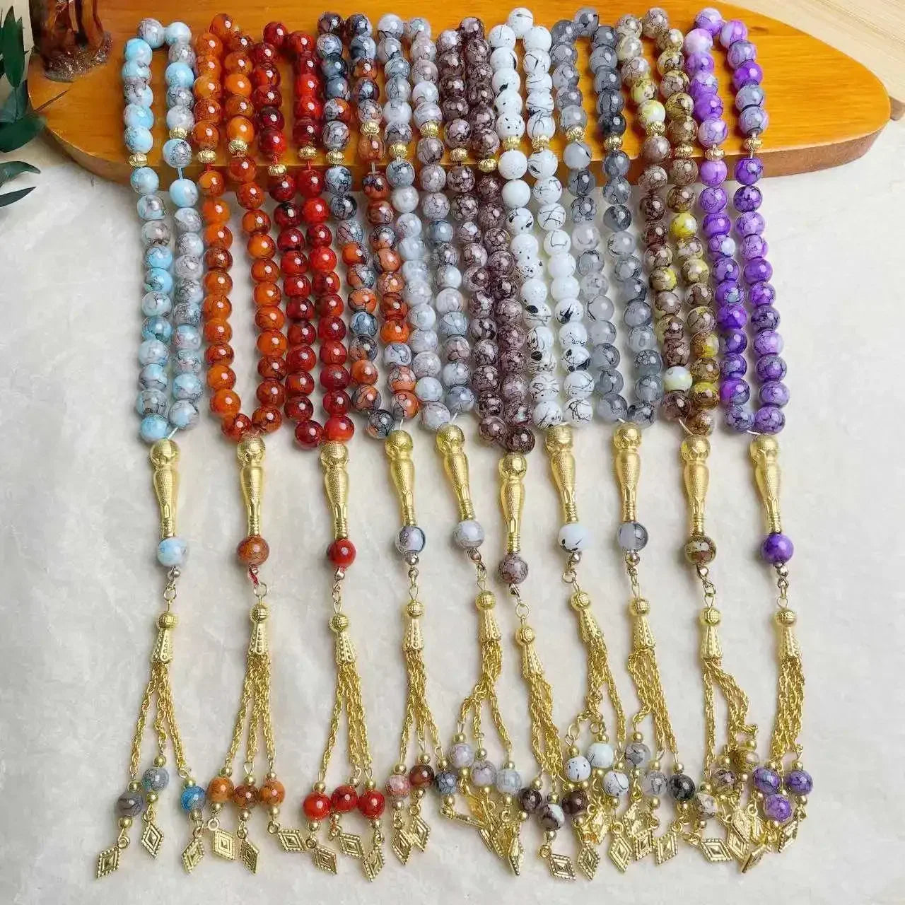 10mm 33 Beads Tassel Glass Muslim Prayer Beads Tasbih Islamic Tasbeeh Charm Bracelet Allah Mohammed Ramadan Arabic Jewelry Gifts