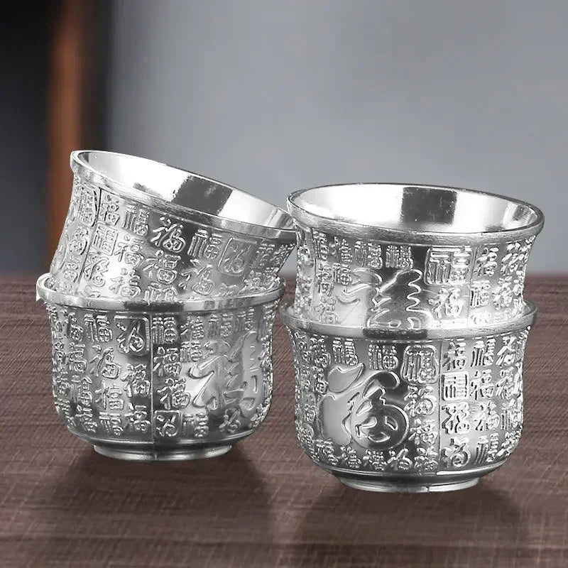 High-grade Silver Tea Set Hand-gilt Silver Teapot Baifu Suit Silver-plated Tea Wine Set Chinese Wine Glass