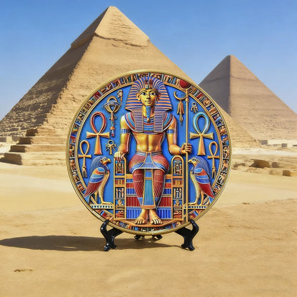 Pharaoh Circular Relief Plaque – 20cm Egyptian Pyramid Resin Desktop Decor