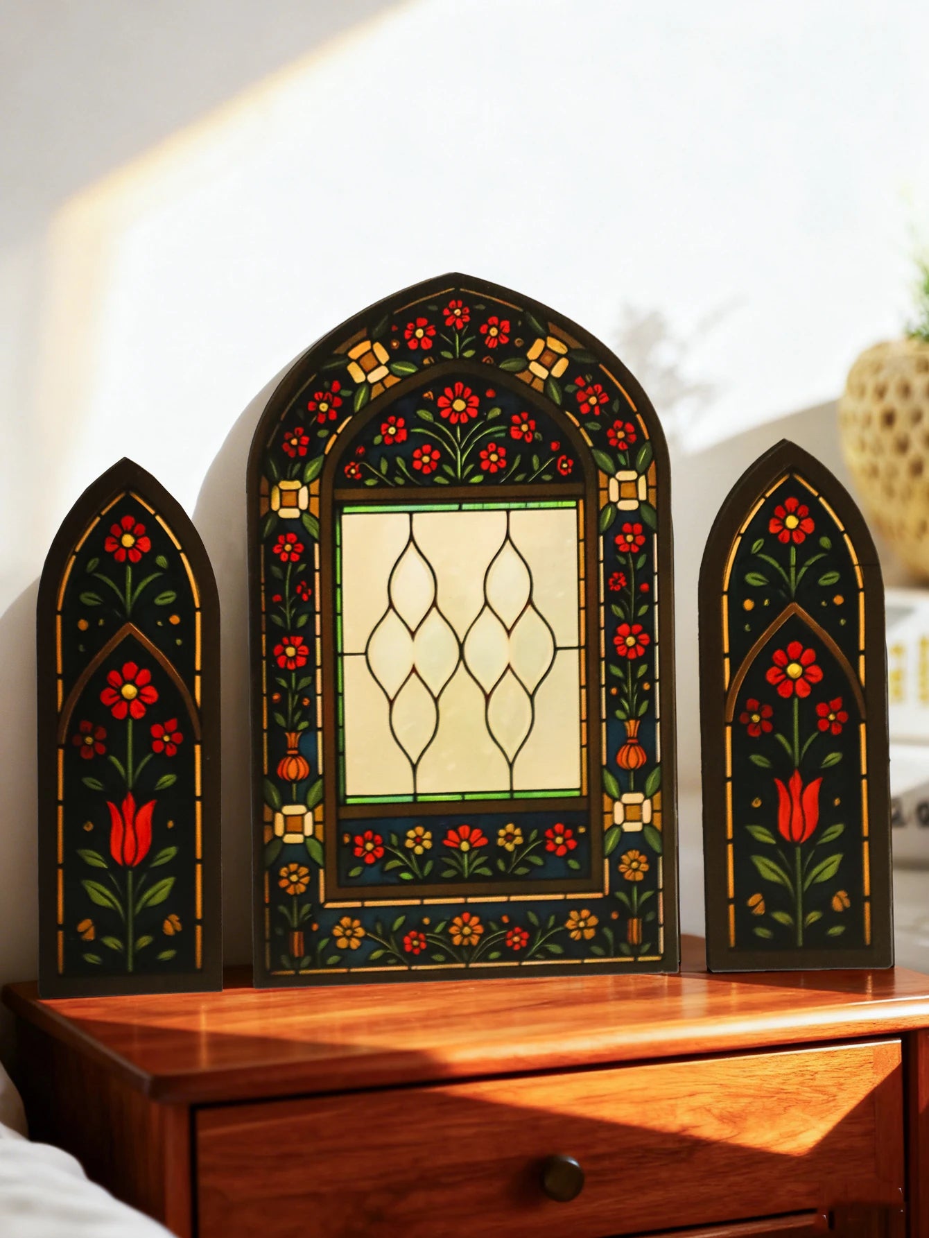 3Pcs/Set Islamic Geometric Arch Decor Golden & Floral Acrylic Table Ornaments Wooden Festive Home Decor for Ramadan & Eid Gifts