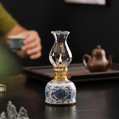 Vintage Ceramic Oil Lamp – Antique Hurricane Lantern, Adjustable Wick Home Decor