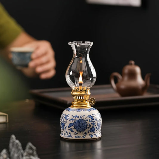 Vintage Ceramic Oil Lamp – Antique Hurricane Lantern, Adjustable Wick Home Decor