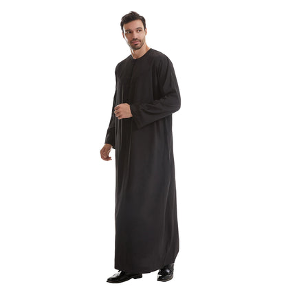 TH839 Men's Muslim Middle Eastern Men Long Sleeves Pure Color Buckle Robe Ramadan Eid Jubba Thobe