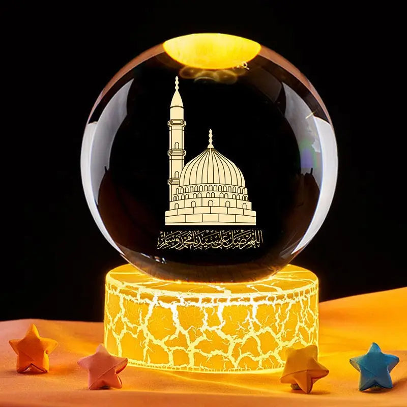 Ramadan Glowing Mosque Crystal Ball Ornament Islamic 3D Home Interior Party Desk Rotating Decoration Figurines Atmosphere Gifts