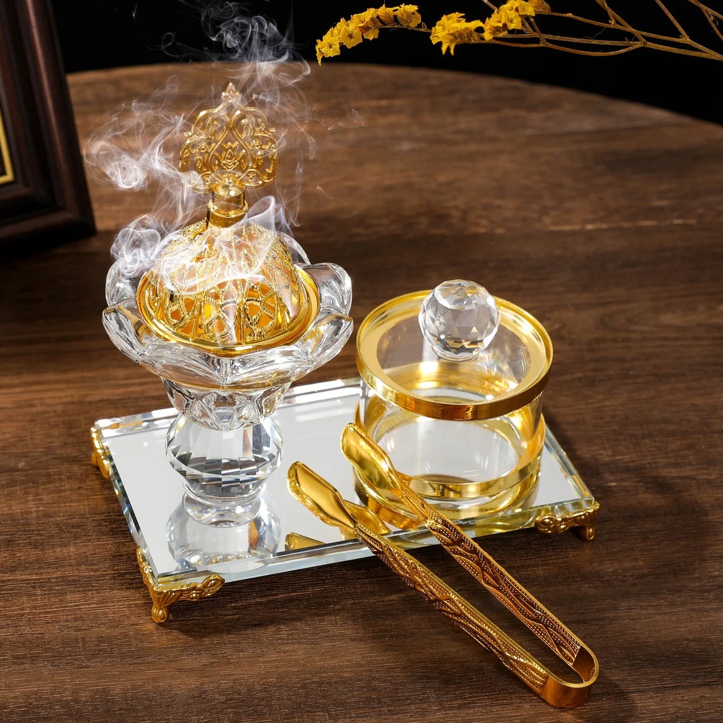 Arabic Crystal Incense Burner Set With Storage Jar Tweezers Dual Use Candle Holder Ornate Glass Aroma For Home Party Decorations