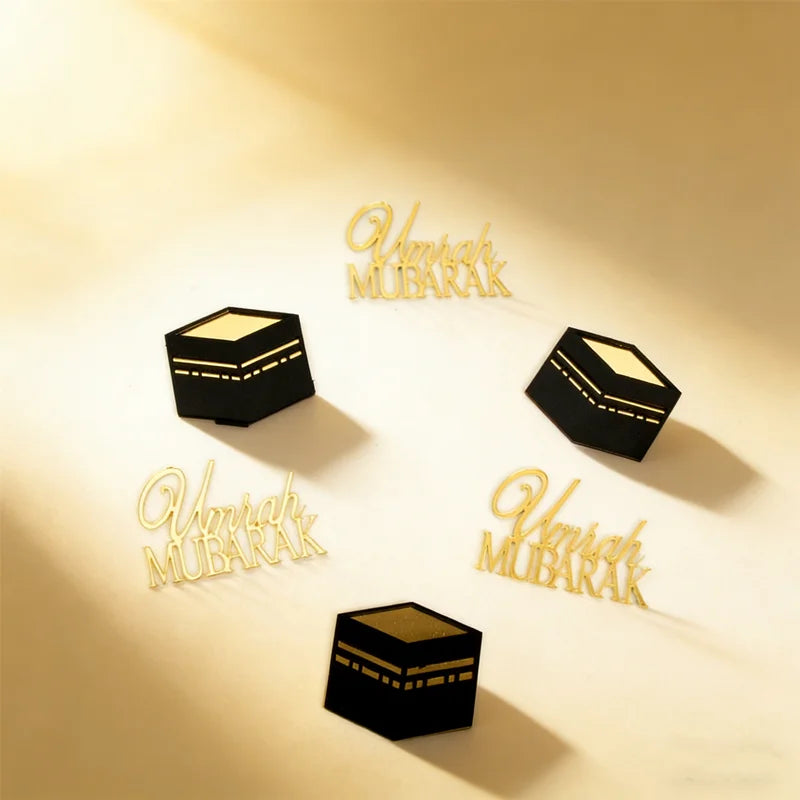Muslim Umrah Mubarak 6pcs Topper Set in Gold, Great for Ramadan Cake and Cupcake Decorations
